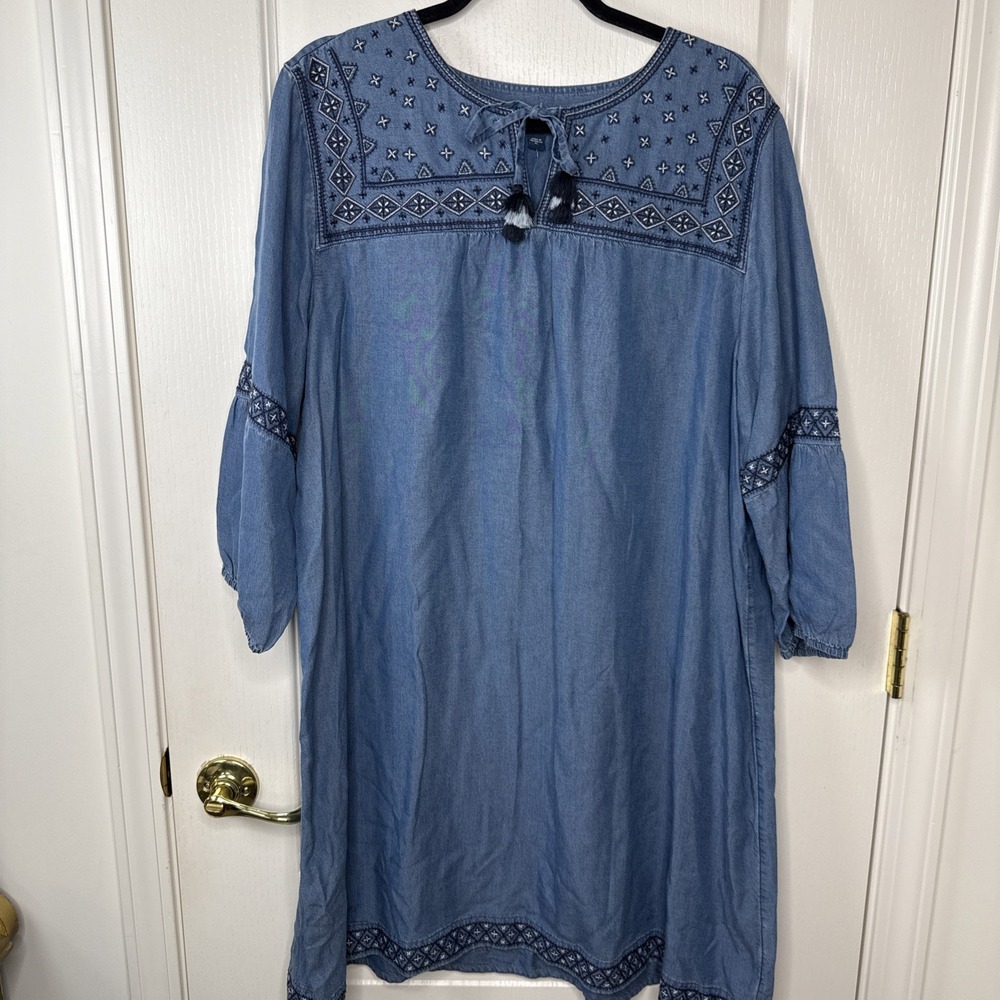 NWT JJill Denim Womens XL Embroidered Chambray Tunic Dress Tassel Tie Boho